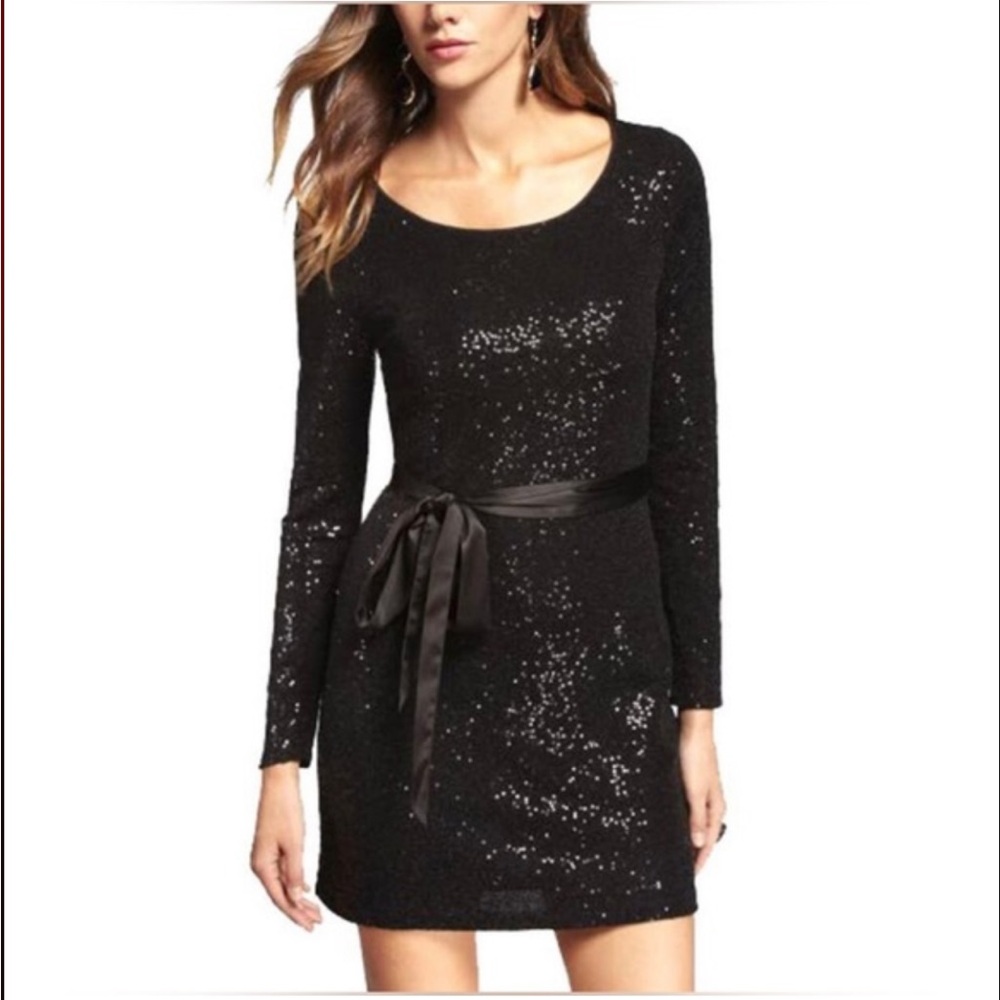 EXPRESS LONG SLEEVE SEQUIN MINI DRESS WITH SATIN SASH BLACK SIZE M